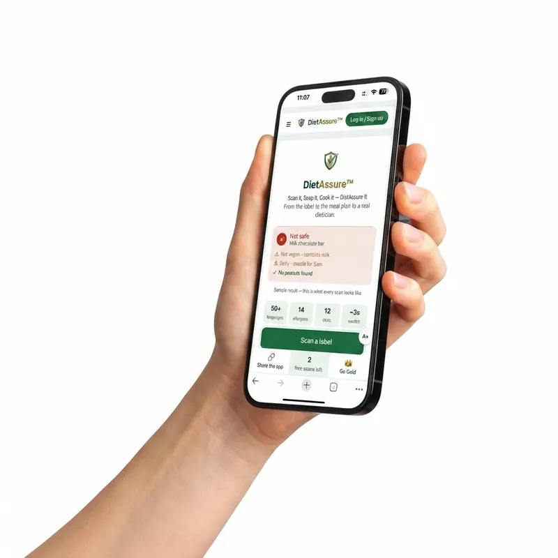 The DietAssure app running on a phone, showing a per-person scan verdict